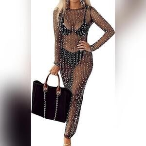 NWT Willow Dance Sheer Mesh Pearl Rhineston Swimsuit Cover Up, Large